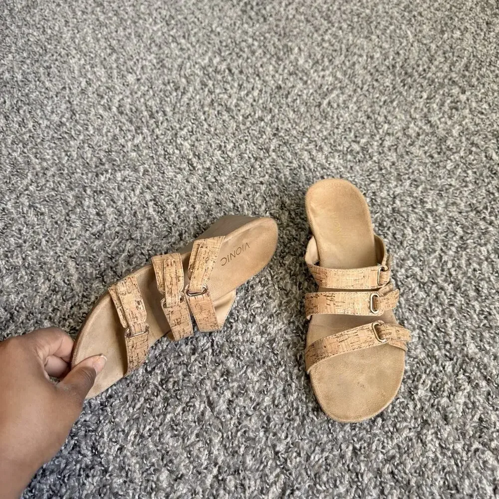 VIONIC 381DWYN Cork Triple Strap Wedge Slide Sandals Womens Size 8 Comfort
